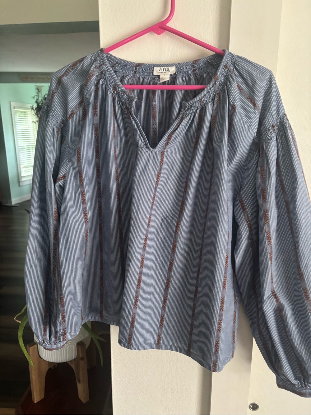 a.n.a Blue Striped Peasant Top with Brown Accent